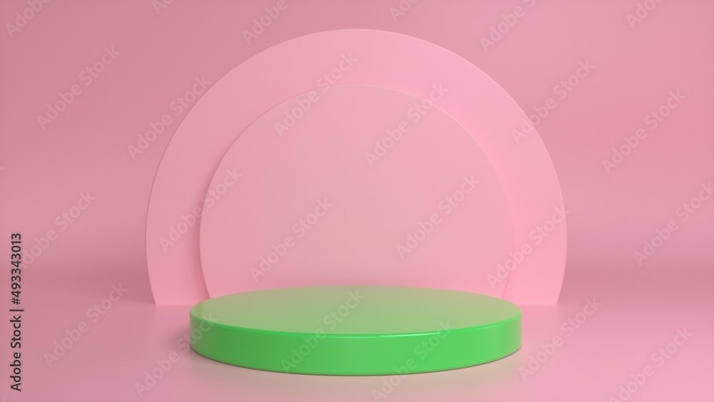 Poster Green glossy podium, pedestal on a pink background. Blank showcase mockup with empty round stage. Abstract geometry background. Stage for advertising product display with copy space. 3d render