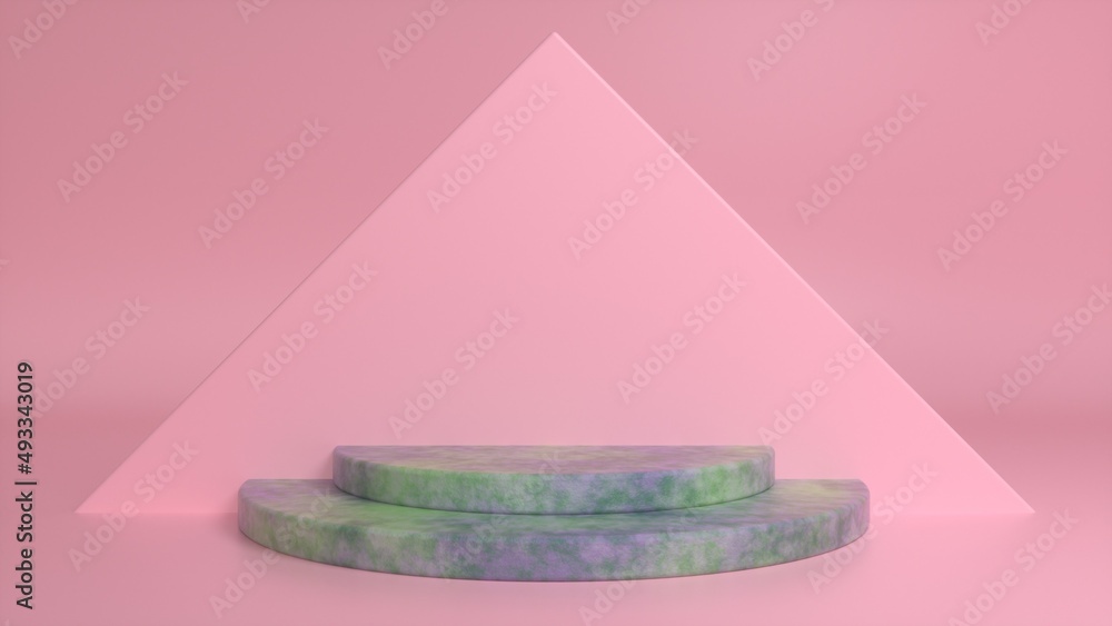 Poster stone podium on a pink abstract triangular background. blank showcase mockup with empty round stage.
