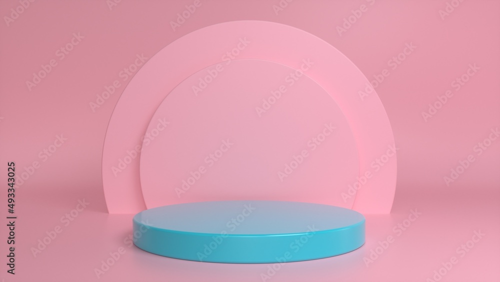 Poster blue glossy podium, pedestal on a pink background. blank showcase mockup with empty round stage. abs