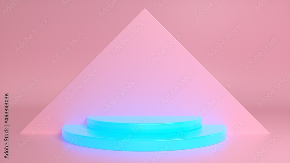 Poster glow blue podium on a pink abstract triangular background. blank showcase mockup with empty round st