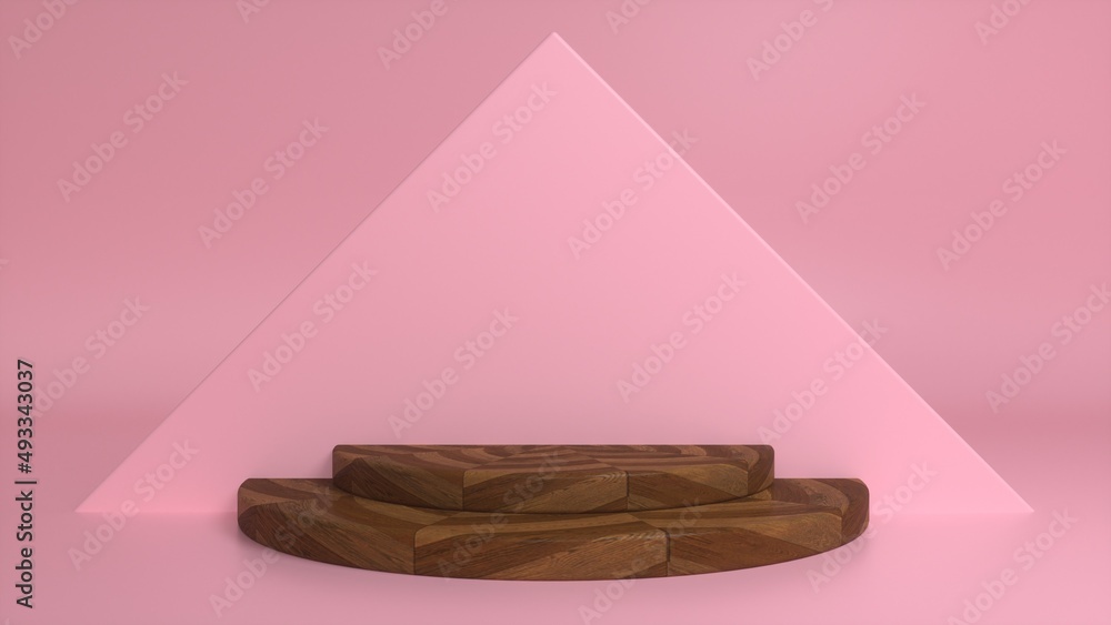 Poster wooden parquet podium on a pink triangular background. blank showcase mockup with empty round stage.