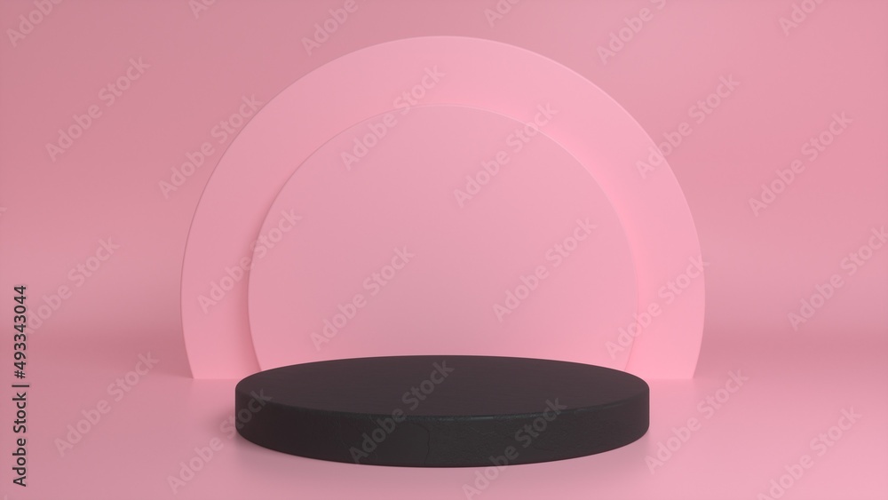 Poster rough black podium, pedestal on a pink background. blank showcase mockup with empty round stage. abs