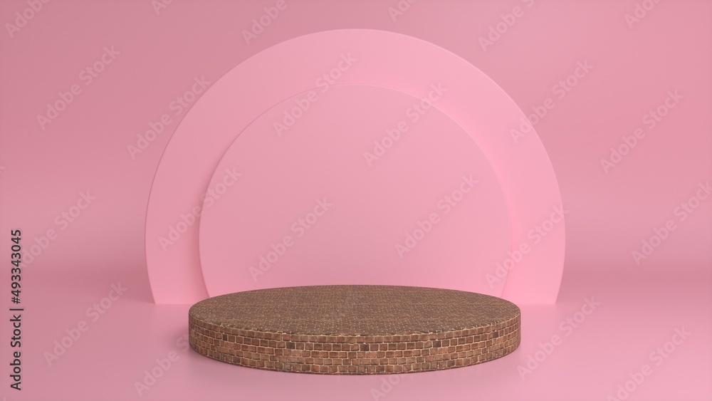 Poster brick podium, pedestal on a pink background. blank showcase mockup with empty round stage. abstract 