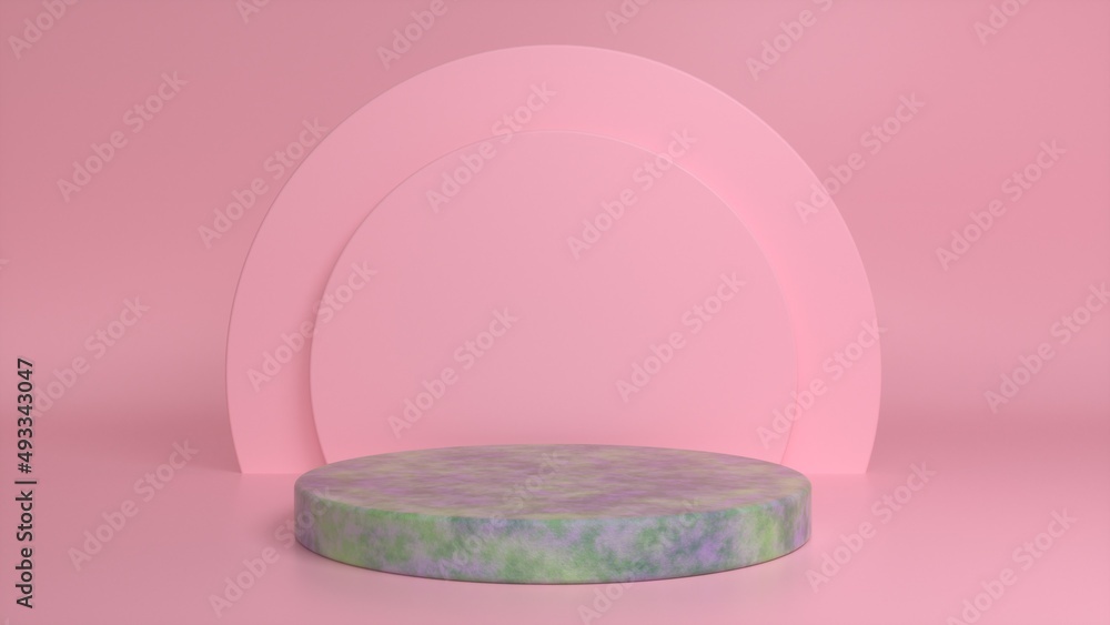 Poster stone podium, pedestal on a pink background. blank showcase mockup with empty round stage. abstract 