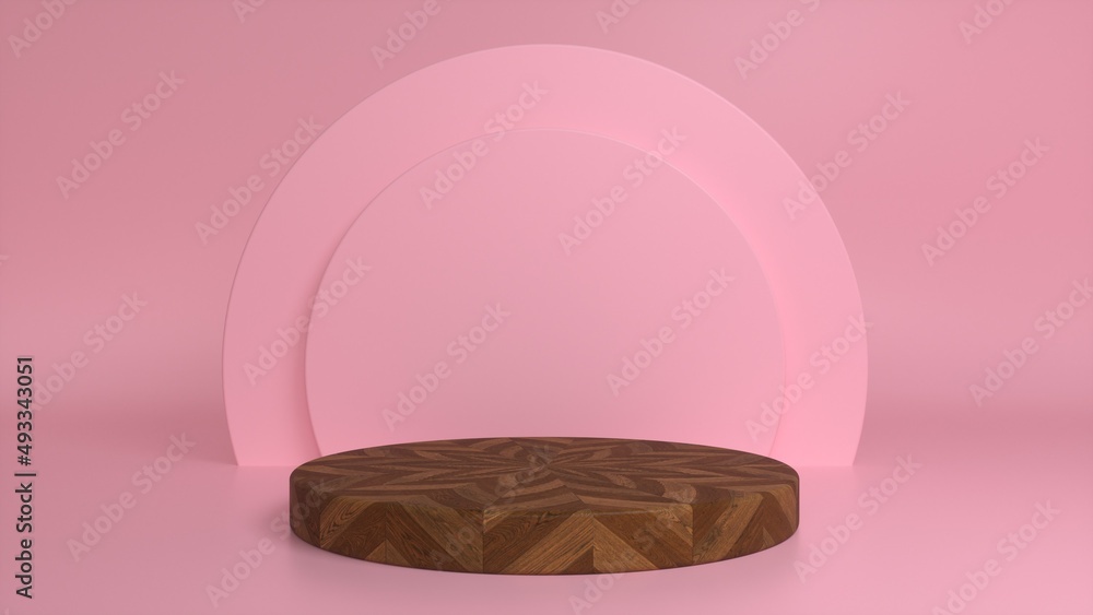 Poster wooden parquet podium, pedestal on a pink background. blank showcase mockup with empty round stage. 