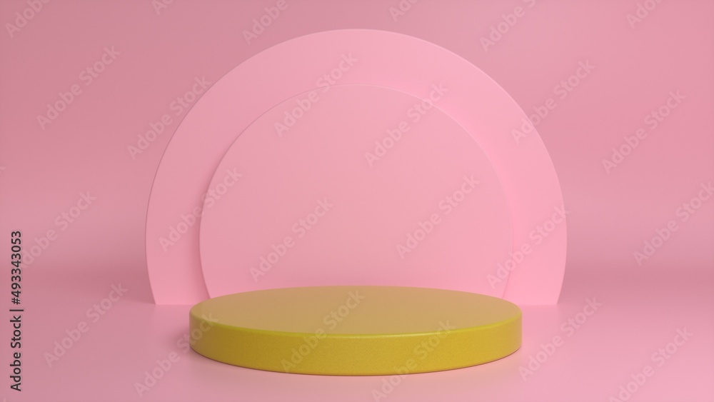 Poster yellow podium, pedestal on a pink background. blank showcase mockup with empty round stage. abstract