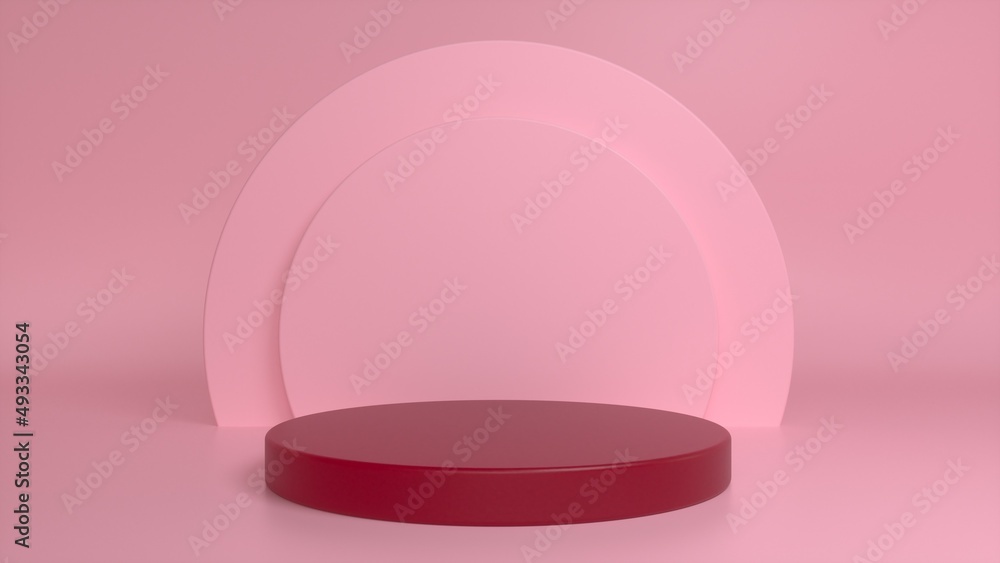 Poster red glossy podium, pedestal on a pink background. blank showcase mockup with empty round stage. abst
