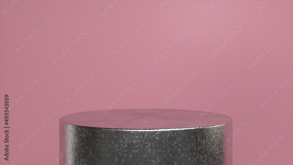 Poster rough metal podium, pedestal on a pink background. blank showcase mockup with empty round stage. abs