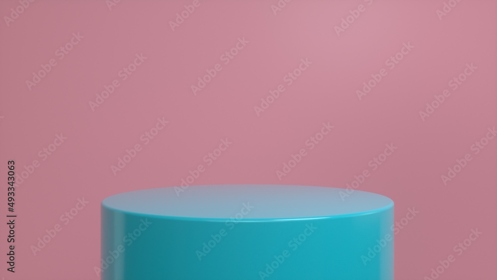 Poster blue glossy podium, pedestal on a pink background. blank showcase mockup with empty round stage. abs