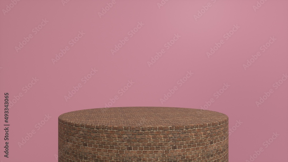 Poster brick podium, pedestal on a pink background. blank showcase mockup with empty round stage. abstract 