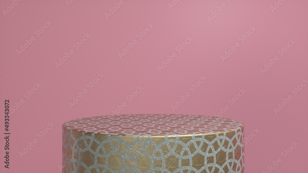 Poster golden patterned podium, pedestal on pink background. blank showcase mockup with empty round stage. 