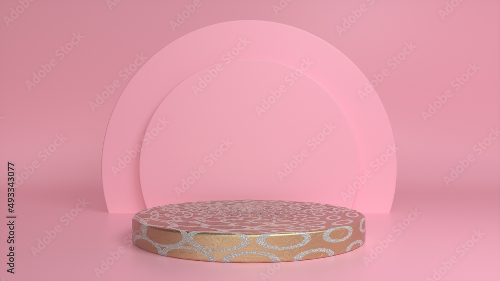 Poster golden patterned podium, pedestal on a pink background. blank showcase mockup with empty round stage
