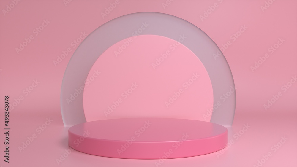 Poster pink podium, pedestal on a pink glass background. blank showcase mockup with empty round stage. abst