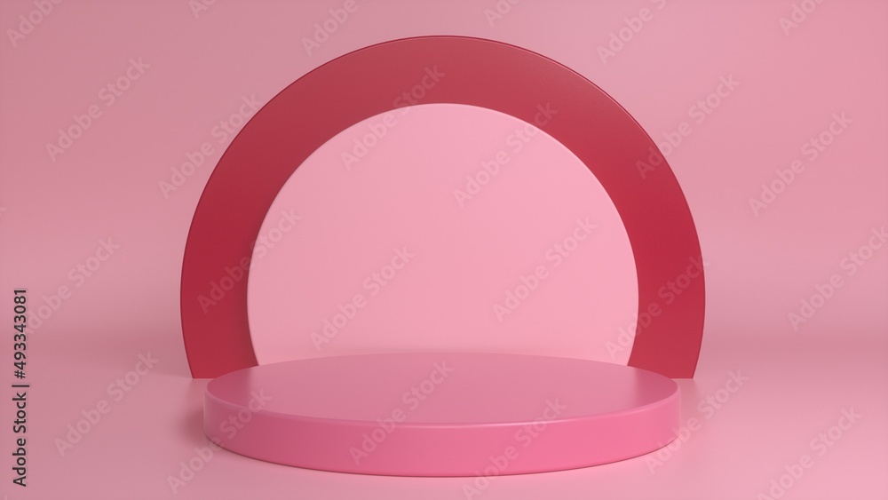 Poster pink podium, pedestal on a pink red background. blank showcase mockup with empty round stage. abstra