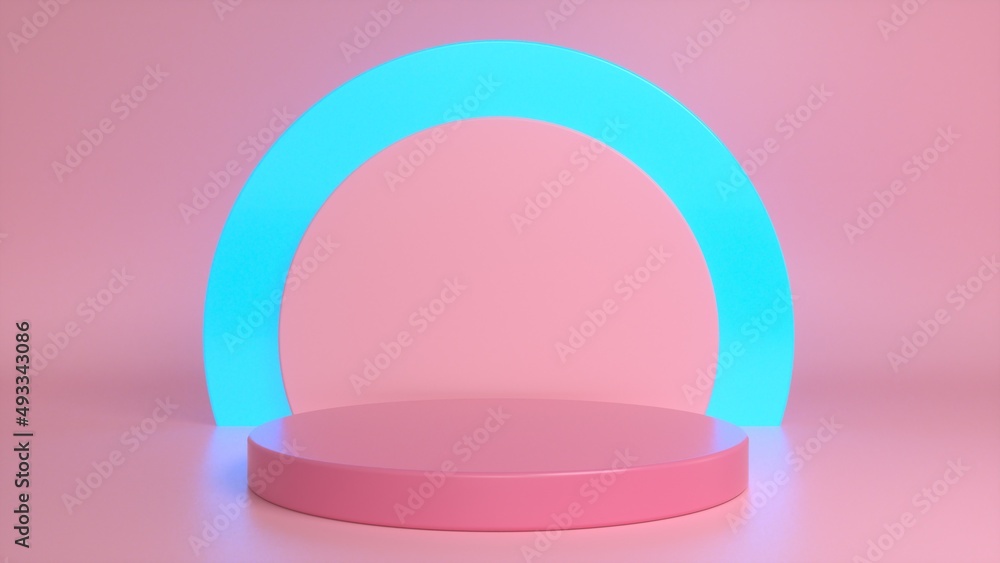 Poster pink podium, pedestal on a pink glow blue background. blank showcase mockup with empty round stage. 