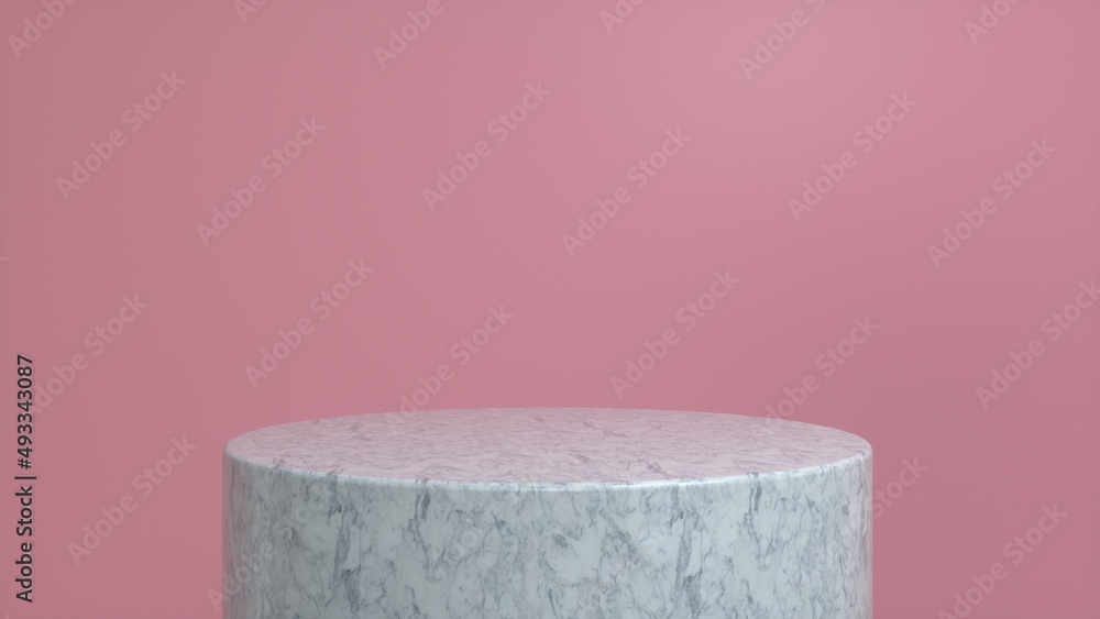 Poster marble podium, pedestal on a pink background. blank showcase mockup with empty round stage. abstract