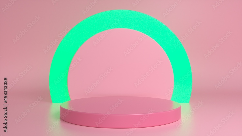Poster pink podium, pedestal on a pink glow green background. blank showcase mockup with empty round stage.
