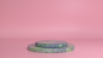 Stone podium and minimal abstract pink background. Blank showcase mockup with empty round stage. Abstract geometry shape background. Stage for advertising product display with copy space. 3d render