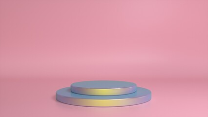 Colorful podium and minimal abstract pink background. Blank showcase mockup with empty round stage. Abstract geometry shape background. Stage for advertising product display with copy space. 3d render