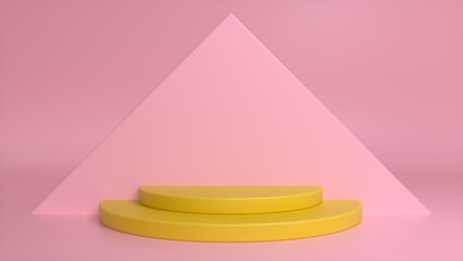 Yellow podium on a pink abstract triangular background. Blank showcase mockup with empty round stage. Abstract geometry background. Stage for advertising product display with copy space. 3d render