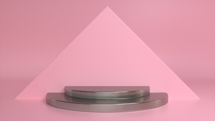 Rough metal podium on a pink triangular background. Blank showcase mockup with empty round stage. Abstract geometry background. Stage for advertising product display with copy space. 3d render