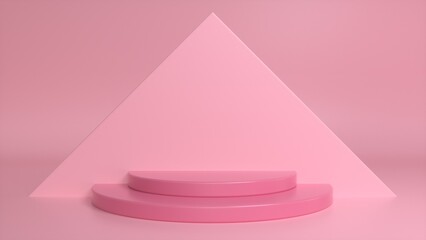Pink podium on a pink triangular background. Blank showcase mockup with empty round stage. Abstract geometry background. Stage for advertising product display with copy space. 3d render