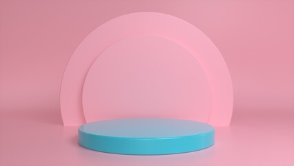 Blue glossy podium, pedestal on a pink background. Blank showcase mockup with empty round stage. Abstract geometry background. Stage for advertising product display with copy space. 3d render
