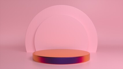 Colorful podium, pedestal on a pink background. Blank showcase mockup with empty round stage. Abstract geometry background. Stage for advertising product display with copy space. 3d render