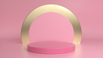 Pink podium, pedestal on a pink golden background. Blank showcase mockup with empty round stage. Abstract geometry background. Stage for advertising product display with copy space. 3d render