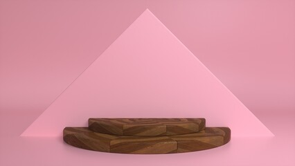 Wooden parquet podium on a pink triangular background. Blank showcase mockup with empty round stage. Abstract geometry background. Stage for advertising product display with copy space. 3d render