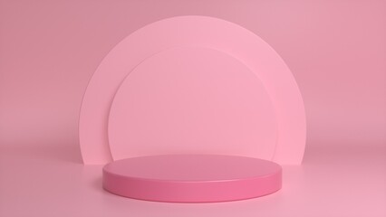 Pink podium, pedestal on a pink background. Blank showcase mockup with empty round stage. Abstract geometry background. Stage for advertising product display with copy space. 3d render