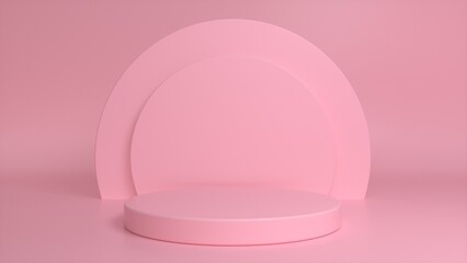 Pink podium, pedestal on a pink background. Blank showcase mockup with empty round stage. Abstract geometry background. Stage for advertising product display with copy space. 3d render