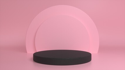 Rough black podium, pedestal on a pink background. Blank showcase mockup with empty round stage. Abstract geometry background. Stage for advertising product display with copy space. 3d render