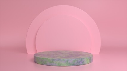 Stone podium, pedestal on a pink background. Blank showcase mockup with empty round stage. Abstract geometry background. Stage for advertising product display with copy space. 3d render