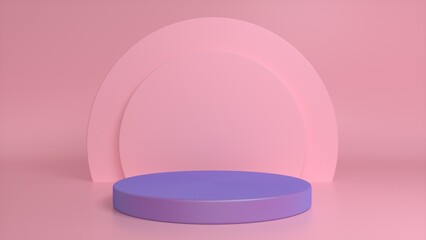 Purple podium, pedestal on a pink background. Blank showcase mockup with empty round stage. Abstract geometry background. Stage for advertising product display with copy space. 3d render