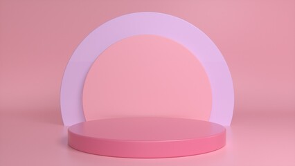 Pink podium, pedestal on a pink purple background. Blank showcase mockup with empty round stage. Abstract geometry background. Stage for advertising product display with copy space. 3d render