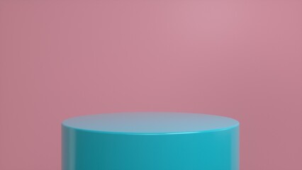 Blue glossy podium, pedestal on a pink background. Blank showcase mockup with empty round stage. Abstract geometry shape background. Stage for advertising product display with copy space. 3d render