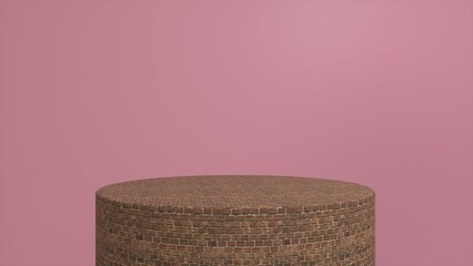 Brick podium, pedestal on a pink background. Blank showcase mockup with empty round stage. Abstract geometry shape background. Stage for advertising product display with copy space. 3d render