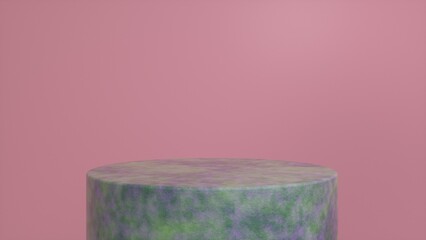 Stone podium, pedestal on a pink background. Blank showcase mockup with empty round stage. Abstract geometry shape background. Stage for advertising product display with copy space. 3d render