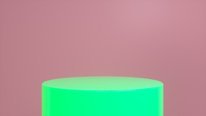 Glow green podium, pedestal on a pink background. Blank showcase mockup with empty round stage. Abstract geometry shape background. Stage for advertising product display with copy space. 3d render