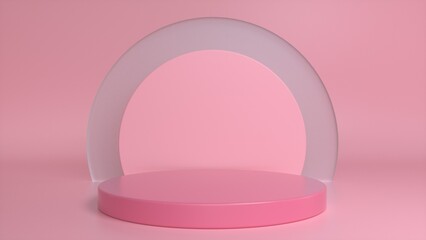 Pink podium, pedestal on a pink glass background. Blank showcase mockup with empty round stage. Abstract geometry background. Stage for advertising product display with copy space. 3d render