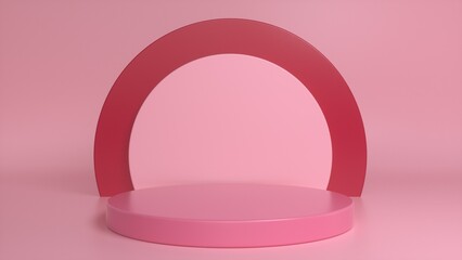 Pink podium, pedestal on a pink red background. Blank showcase mockup with empty round stage. Abstract geometry background. Stage for advertising product display with copy space. 3d render