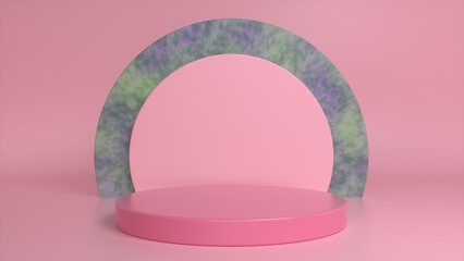 Pink podium, pedestal on a pink stone background. Blank showcase mockup with empty round stage. Abstract geometry background. Stage for advertising product display with copy space. 3d render