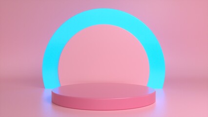 Pink podium, pedestal on a pink glow blue background. Blank showcase mockup with empty round stage. Abstract geometry background. Stage for advertising product display with copy space. 3d render