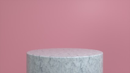 Marble podium, pedestal on a pink background. Blank showcase mockup with empty round stage. Abstract geometry shape background. Stage for advertising product display with copy space. 3d render