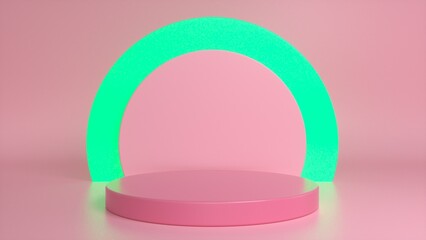 Pink podium, pedestal on a pink glow green background. Blank showcase mockup with empty round stage. Abstract geometry background. Stage for advertising product display with copy space. 3d render