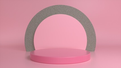 Pink podium, pedestal on a pink stone background. Blank showcase mockup with empty round stage. Abstract geometry background. Stage for advertising product display with copy space. 3d render