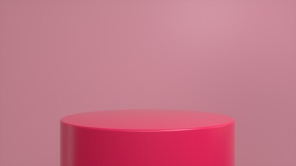 Pink glossy podium, pedestal on a pink background. Blank showcase mockup with empty round stage. Abstract geometry shape background. Stage for advertising product display with copy space. 3d render
