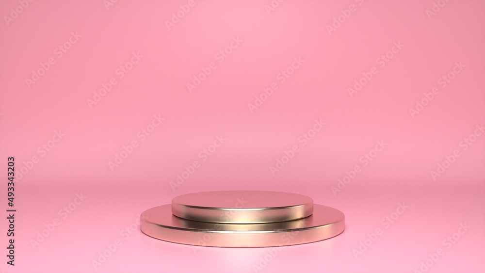 Poster golden glossy podium, pedestal on pink background. blank showcase mockup with empty round stage. abs
