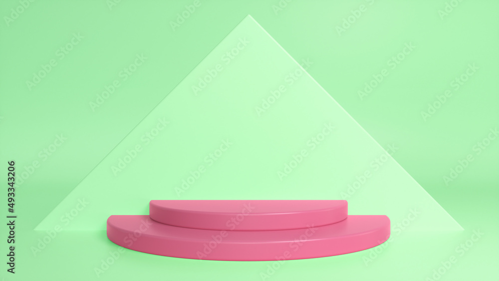 Poster pink glossy podium on green abstract triangular background. blank showcase mockup with empty round s
